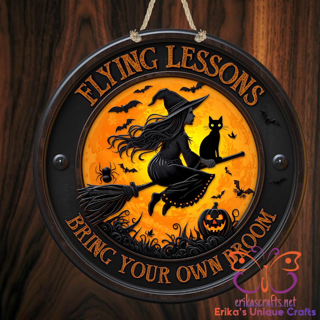 Flying Lessons Halloween Round Metal Door Sign