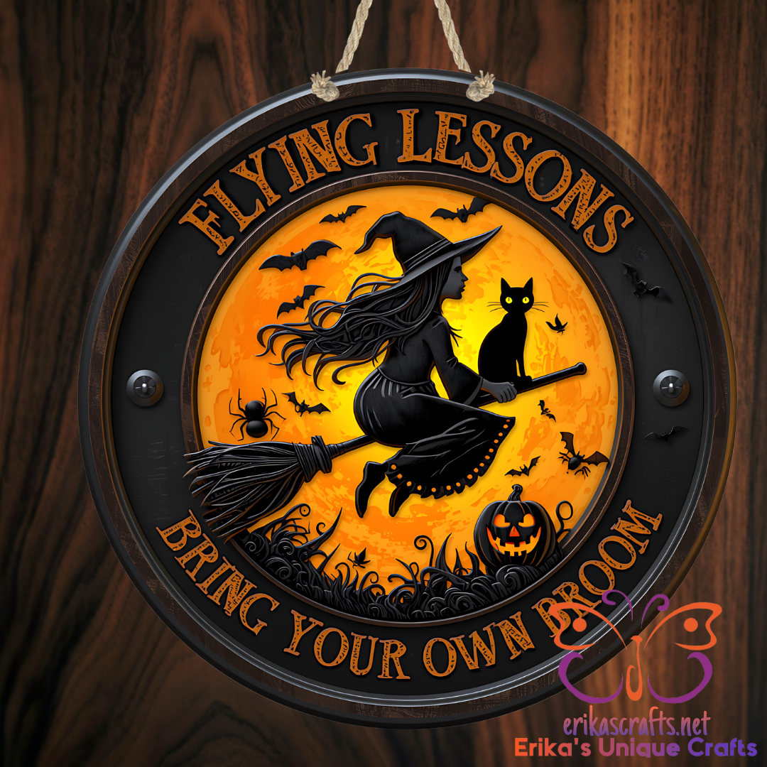 Flying Lessons Halloween Round Metal Door Sign