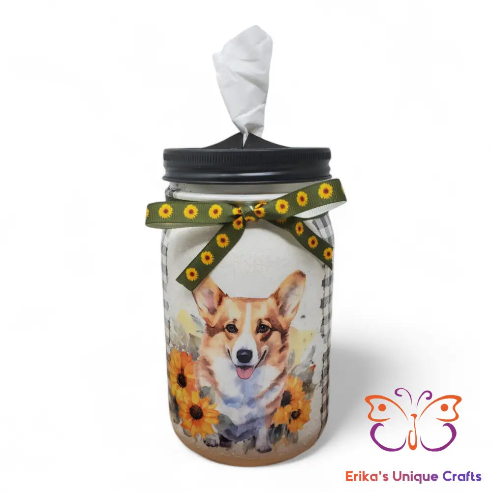 Mason Jar Tissue Dispenser Corgi & Sunflowers Mason Jar