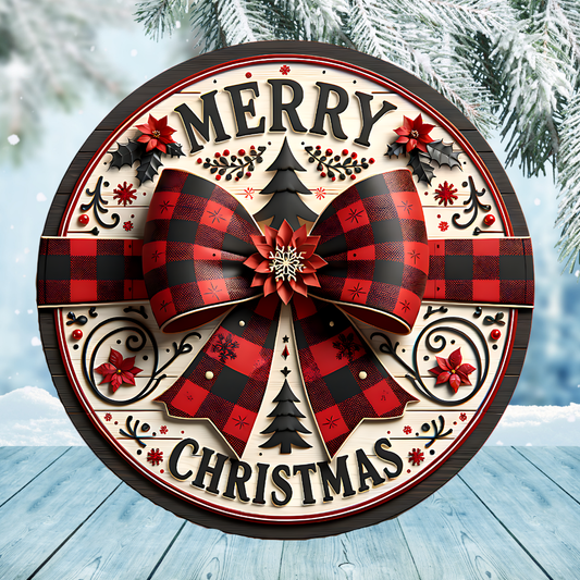 Merry Christmas Bow Round Hanging Door Sign - Door Sign