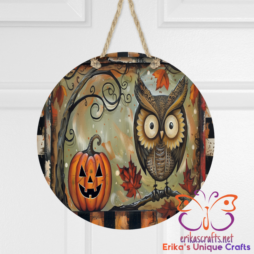 Owl and Pumpkin Metal Door Sign
