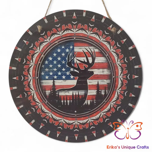 Patriotic Deer Hunter Round Hanging Door Sign Door Sign