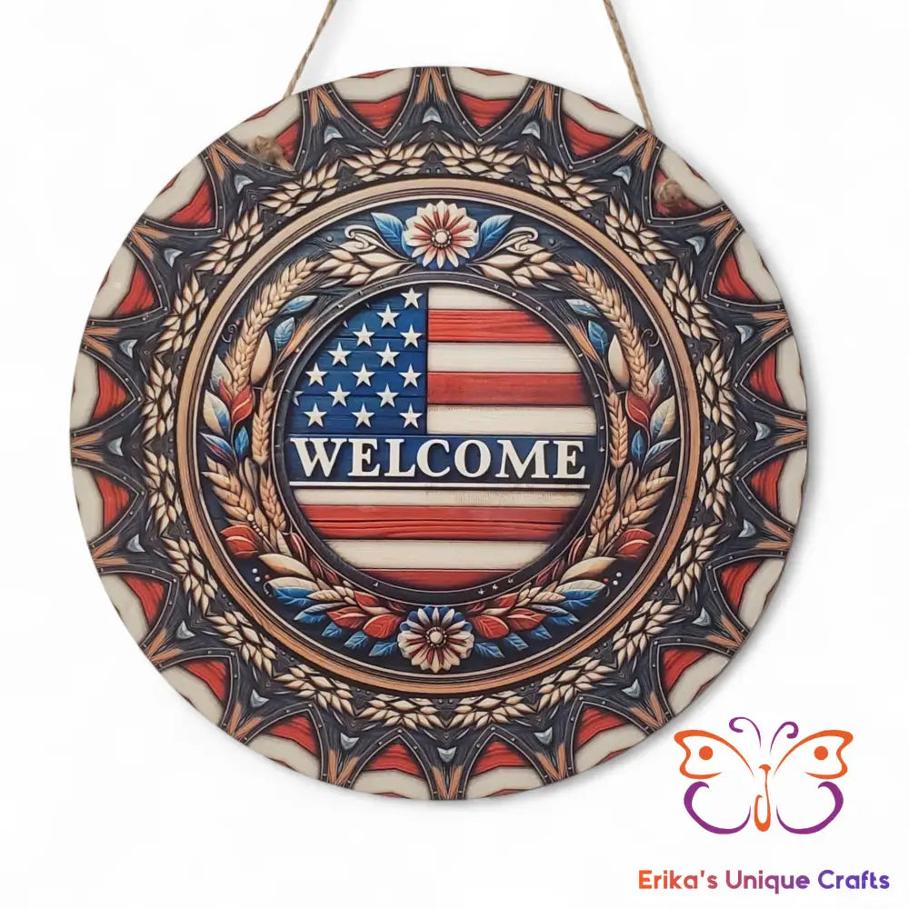 Patriotic Flag Welcome Round Hanging Door Sign Door Sign