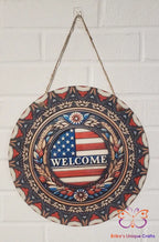 Patriotic Flag Welcome Round Hanging Door Sign Door Sign