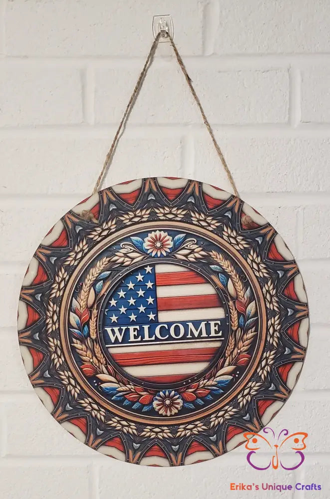Patriotic Flag Welcome Round Hanging Door Sign Door Sign