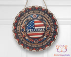 Patriotic Flag Welcome Round Hanging Door Sign Door Sign
