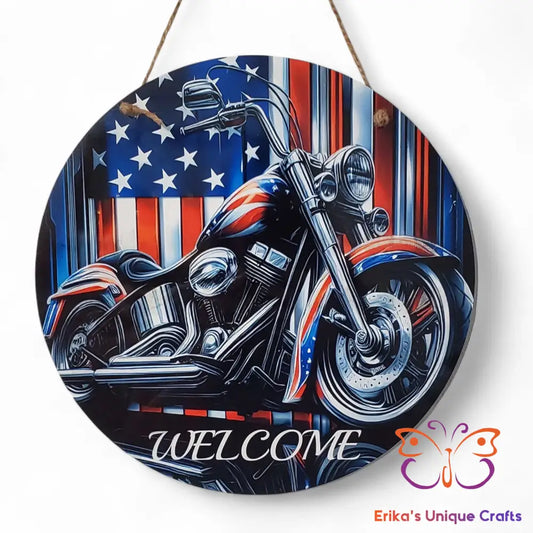 Patriotic Motorcycle Round Hanging Door Sign Door Sign