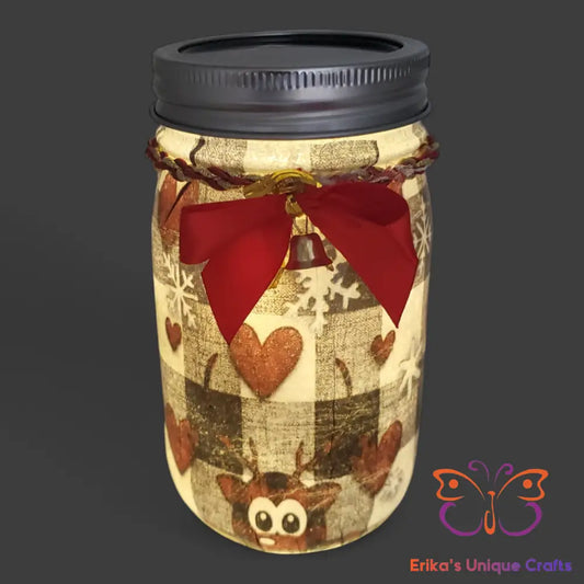 Plaid Hearts Reindeer Mason Jar Solar Lights Mason Jar