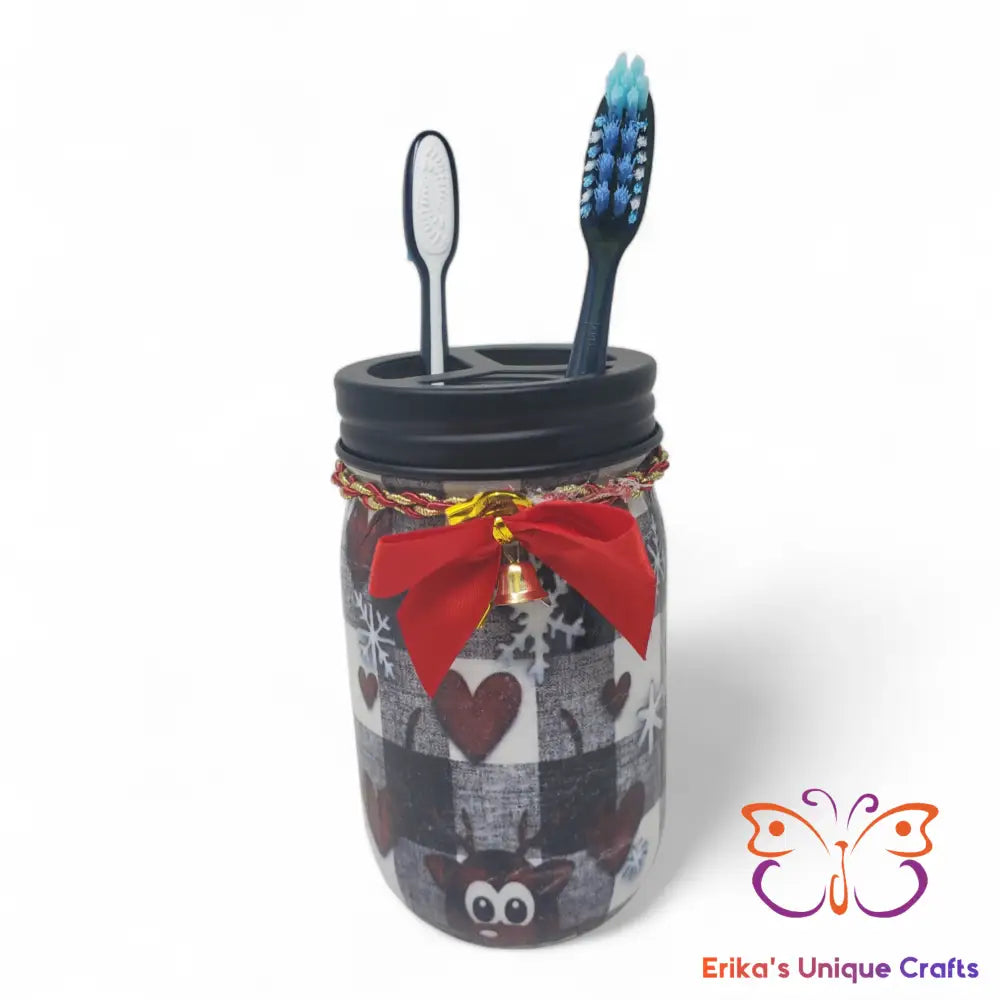 Plaid Hearts Reindeer Mason Jar Toothbrush Holder Mason Jar