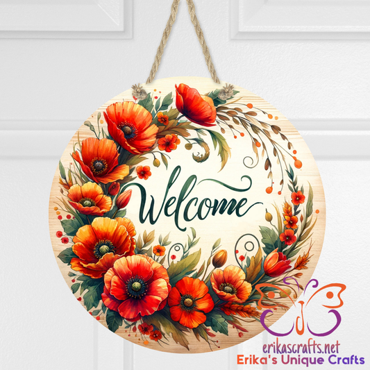 Poppies Wreath Round Hanging Door Sign - 12 Inch - Door Sign