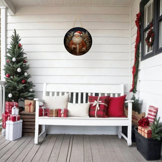 Santa With Wreath Round Hanging Door Sign