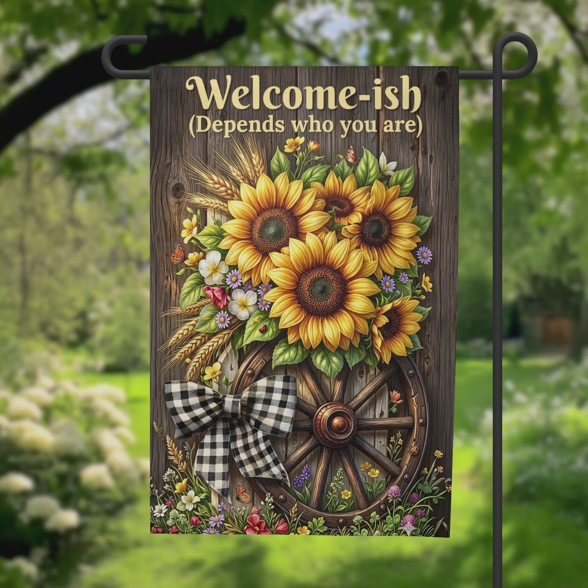 Wagon Wheel Sunflower Garden Flag