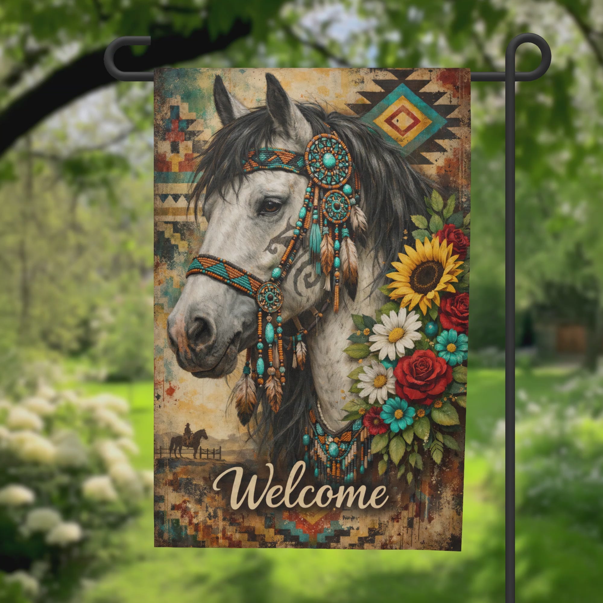 Aztec Horse Welcome Garden Flag