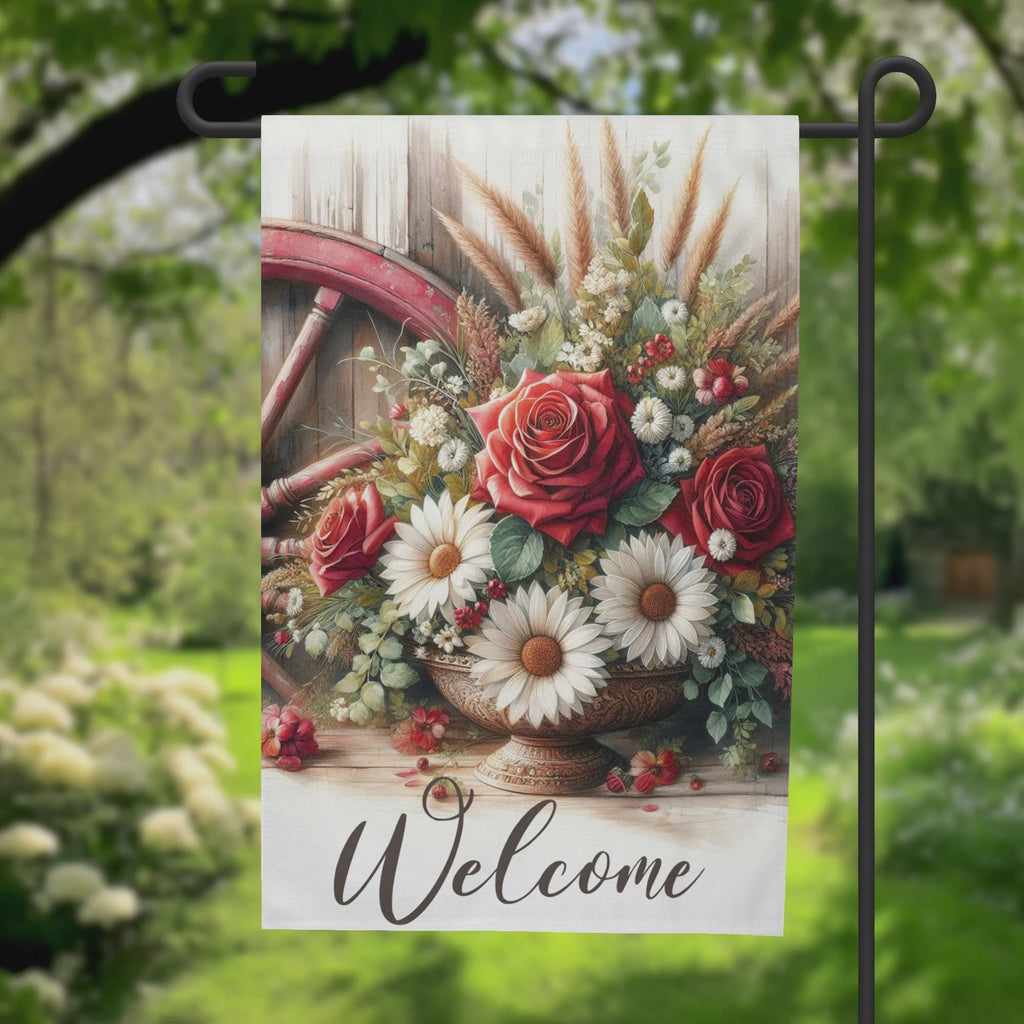 Wagon Wheel Floral Flag Garden Flag