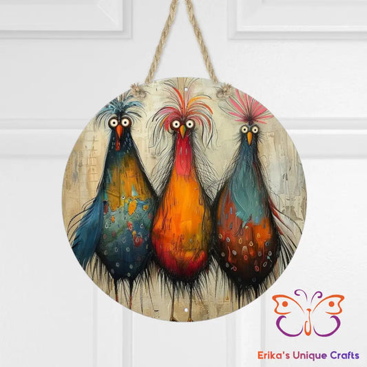 Primitive Chickens Round Hanging Door Sign Door Sign