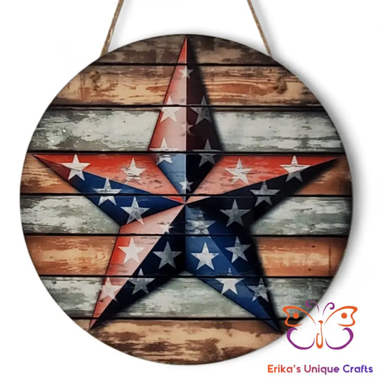 Primitive Patriotic Star Round Hanging Door Sign Door Sign