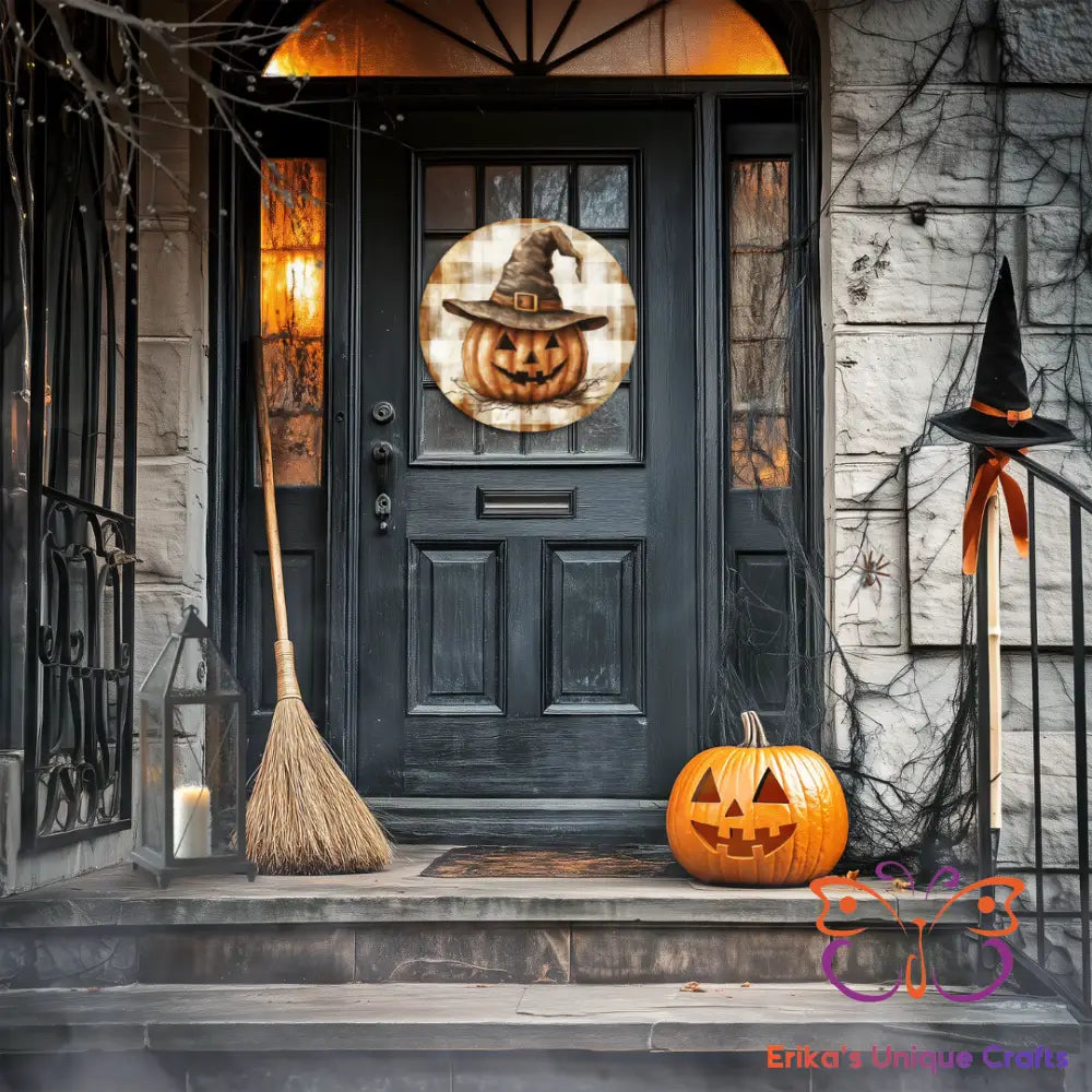 Primitive Witch Jack O Lantern Round Hanging Door Sign Door Sign