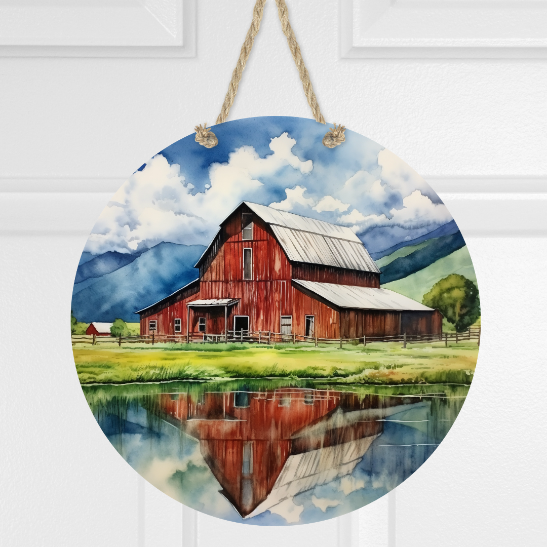 Red Barn Round Hanging Door Sign - Door Sign