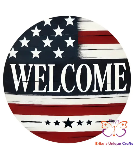 Red White and Blue Welcome Round Hanging Door Sign Door Sign