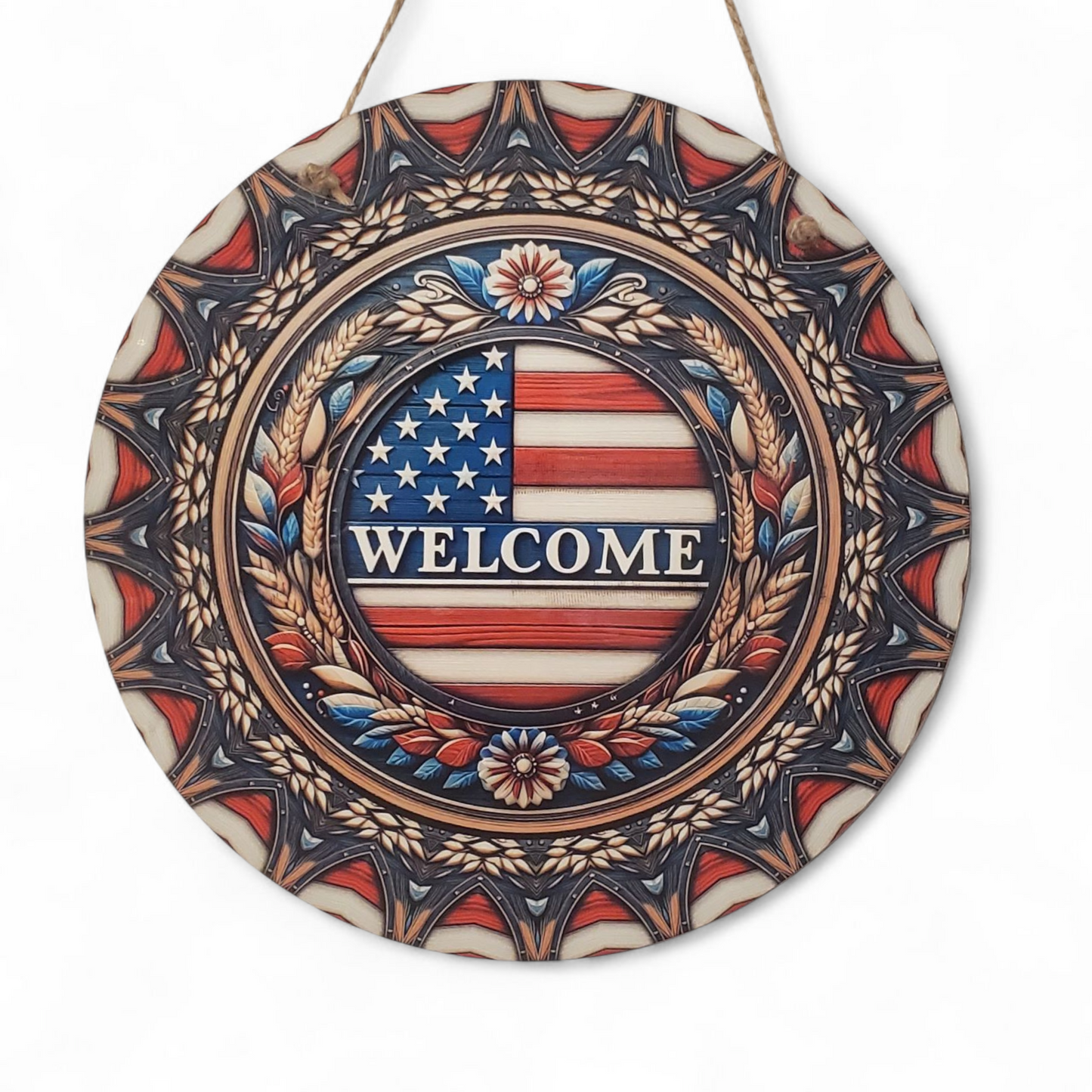 Patriotic Flag Welcome Round Hanging Door Sign