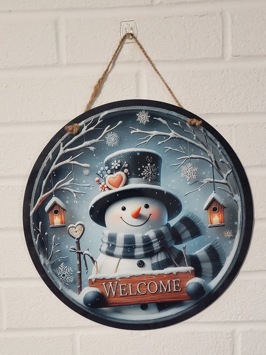 Welcome Snowman Round Hanging Door Sign