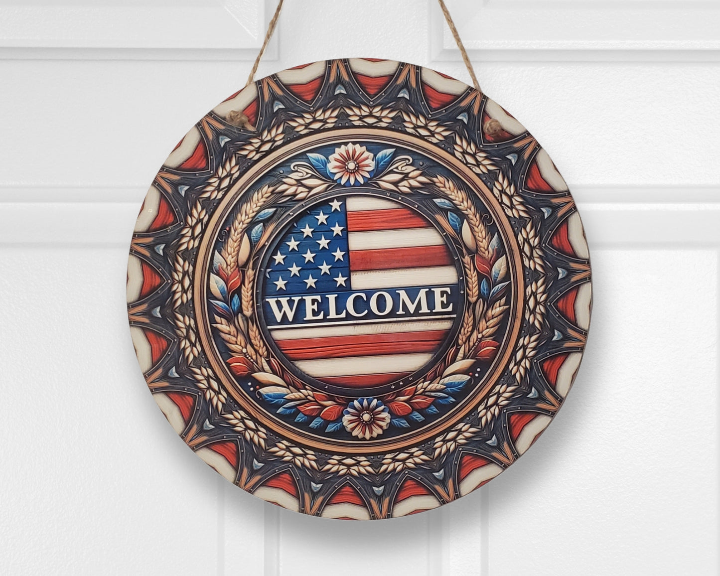 Patriotic Flag Welcome Round Hanging Door Sign