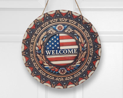Patriotic Flag Welcome Round Hanging Door Sign