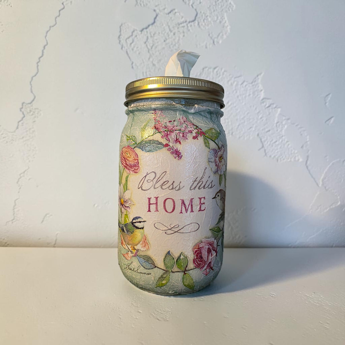 Bless This Home Floral Birds Mason Jar Tissue Dispenser