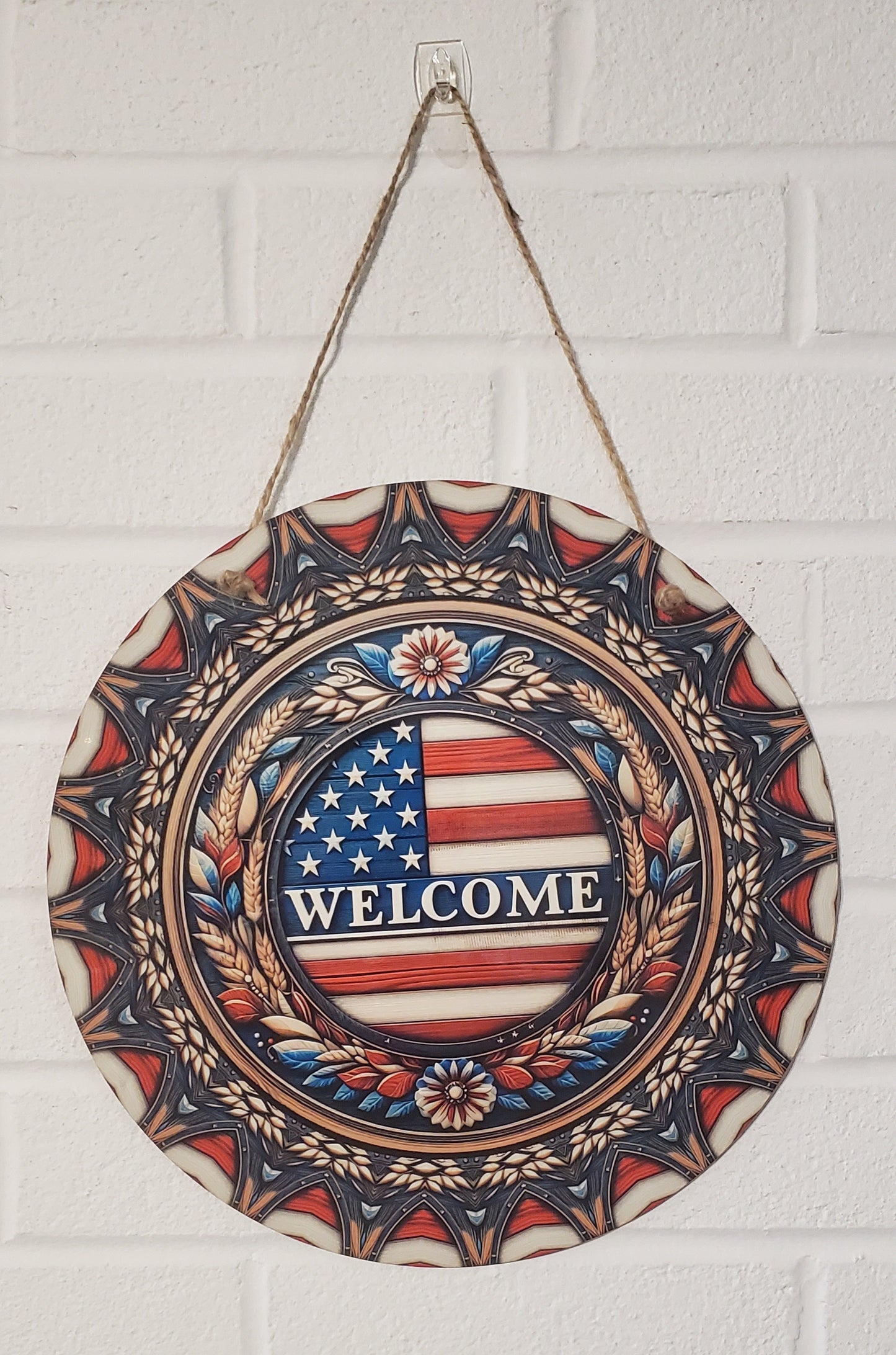 Patriotic Flag Welcome Round Hanging Door Sign