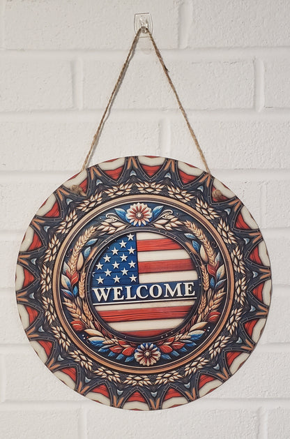 Patriotic Flag Welcome Round Hanging Door Sign