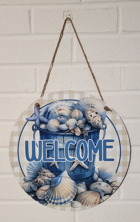 Seashell Bucket Welcome Round Hanging Door Sign