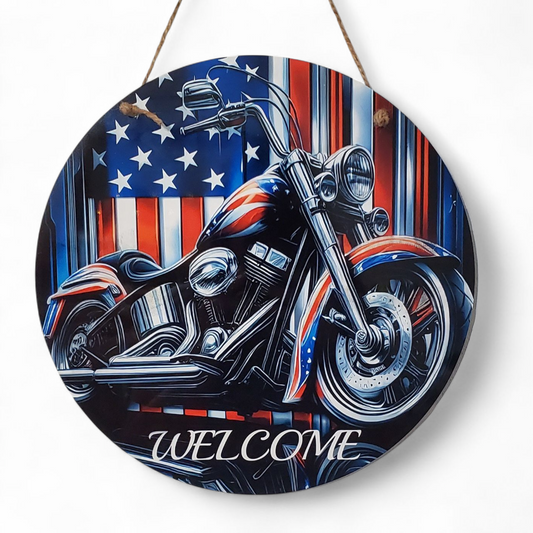 Patriotic Motorcycle Round Hanging Door Sign