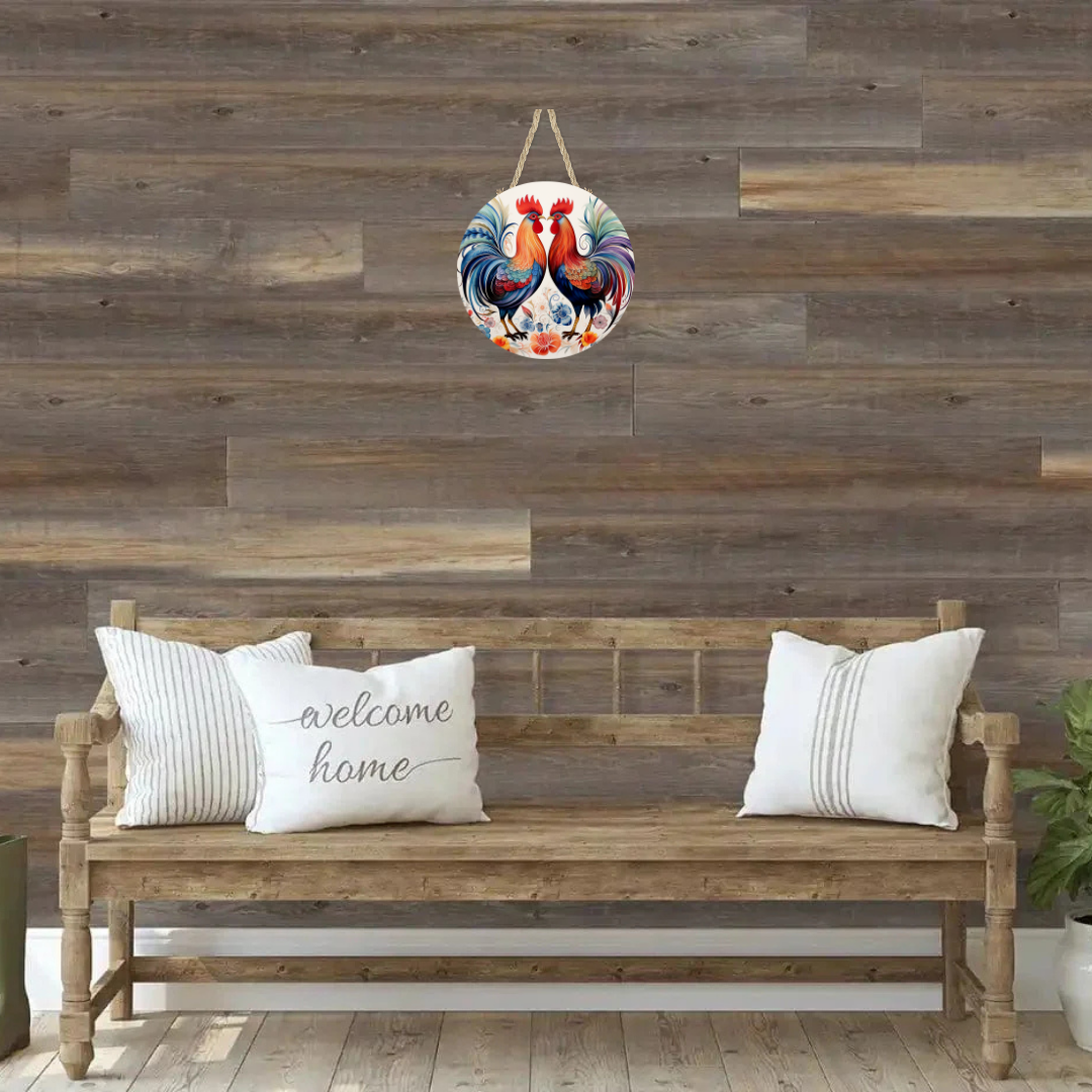 Roosters and Flowers Round Hanging Door Sign - Door Sign