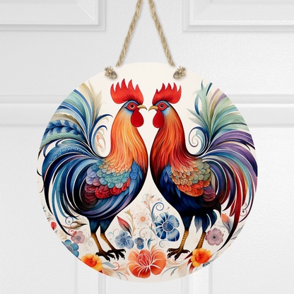 Roosters and Flowers Round Hanging Door Sign - Door Sign