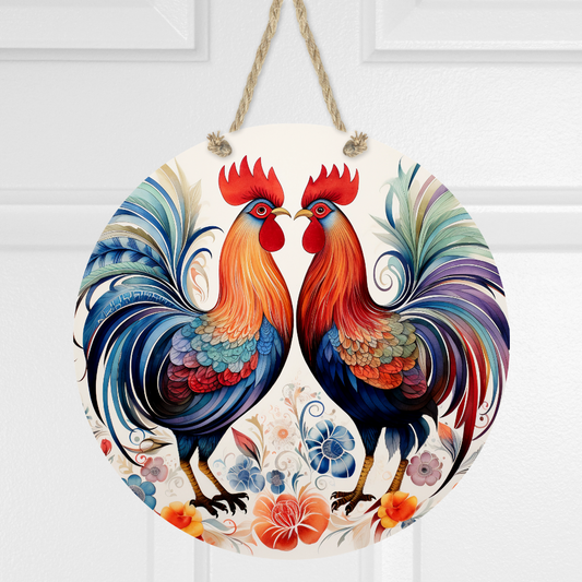 Roosters and Flowers Round Hanging Door Sign - Door Sign