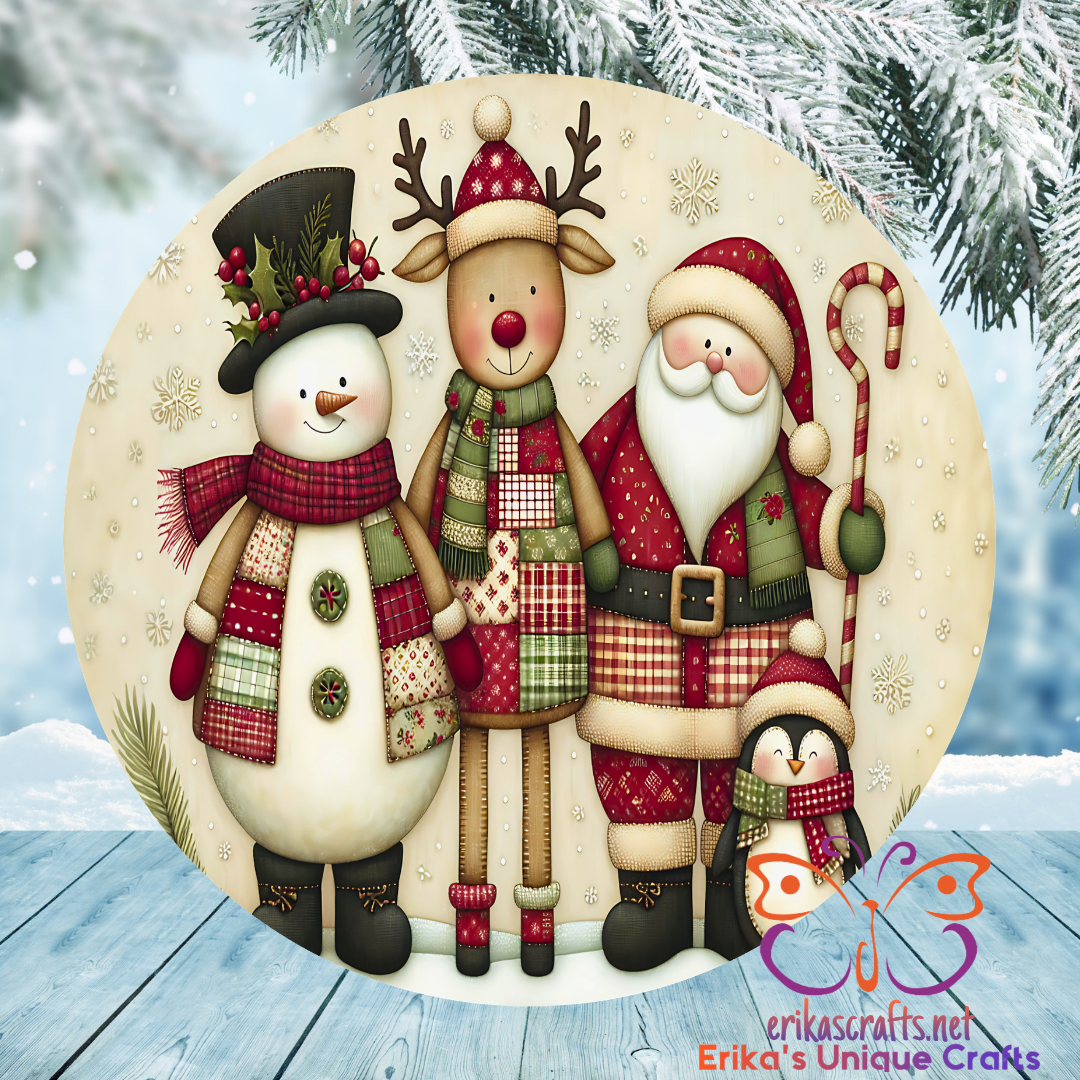 Snowman Santa Reindeer Vintage Round Metal Door Sign