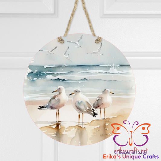 Seagulls on the Beach Round Hanging Door Sign - Door Sign