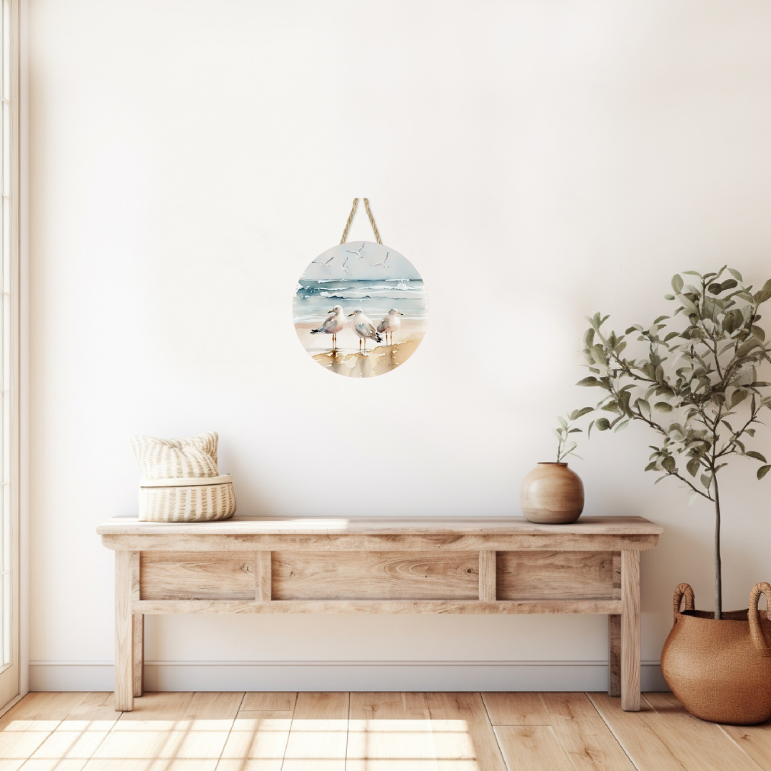 Seagulls on the Beach Round Hanging Door Sign - Door Sign