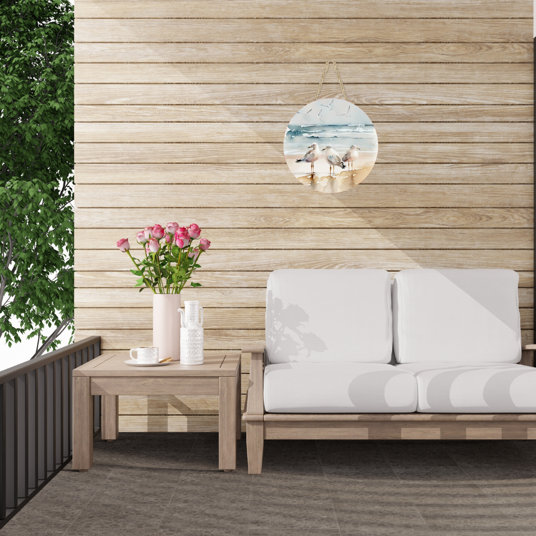 Seagulls on the Beach Round Hanging Door Sign - Door Sign