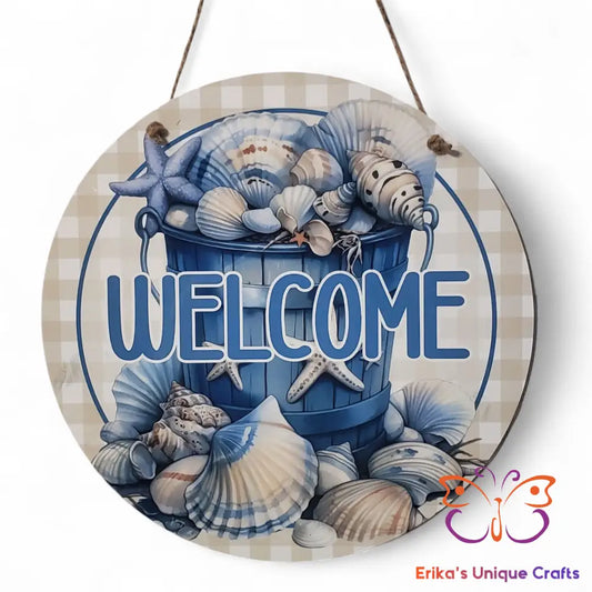 Seashell Bucket Welcome Round Hanging Door Sign Door Sign