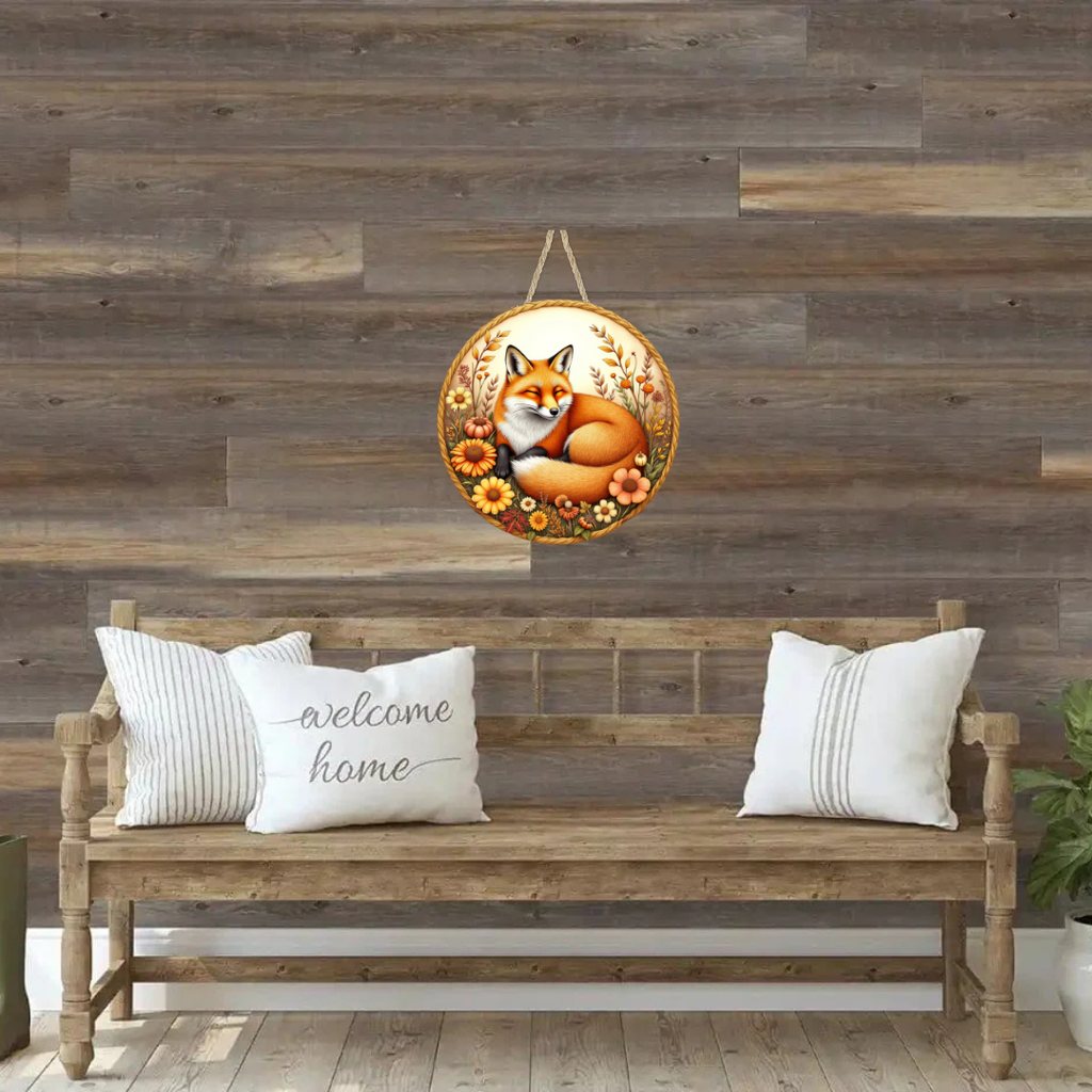 Sleepy Fox Round Hanging Door Sign - Door Sign