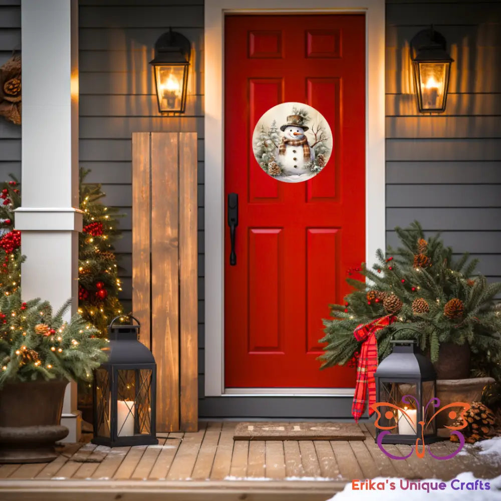 Snowman and Pine Round Hanging Door Sign Door Sign