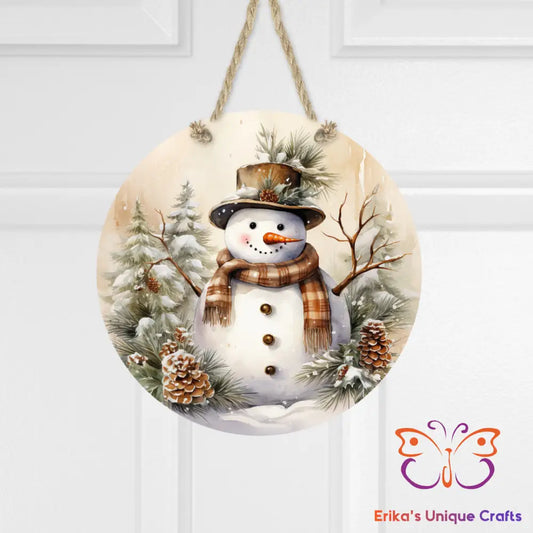 Snowman and Pine Round Hanging Door Sign Door Sign