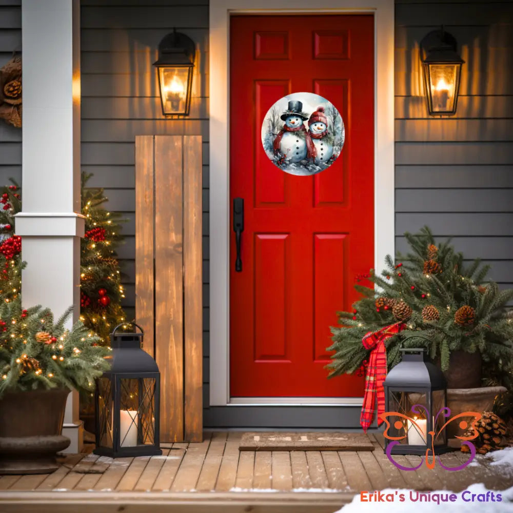 Snowman Couple Round Hanging Door Sign Door Sign