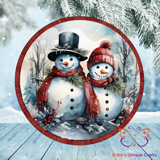 Snowman Couple Round Hanging Door Sign Door Sign