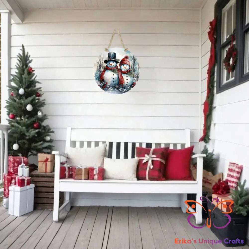 Snowman Couple Round Hanging Door Sign Door Sign