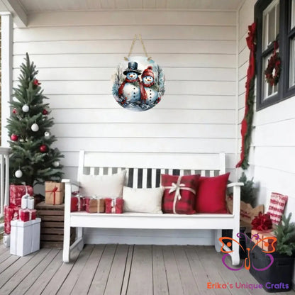 Snowman Couple Round Hanging Door Sign Door Sign