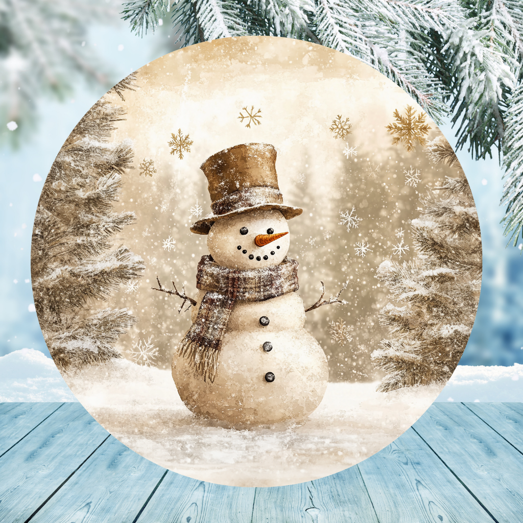 Snowman Winter Landscape Round Hanging Door Sign - Door Sign
