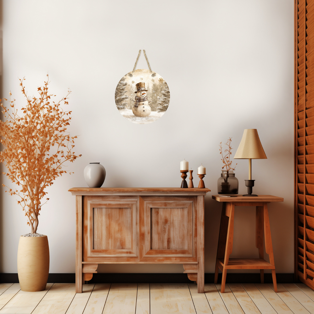 Snowman Winter Landscape Round Hanging Door Sign - Door Sign