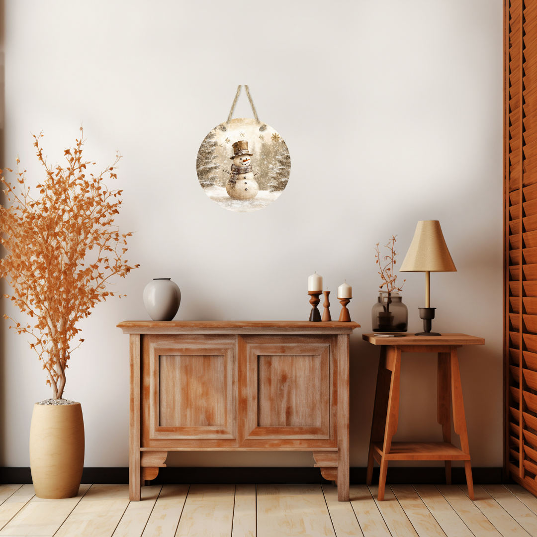 Snowman Winter Landscape Round Hanging Door Sign - Door Sign